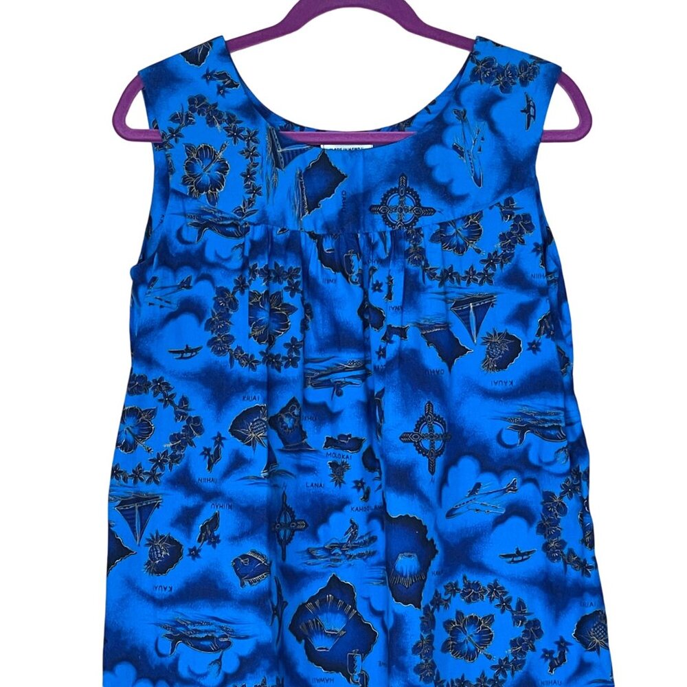 Vintage Made in Hawaii Handmade Shift Dress Blue and Gold Sz S/M Beach Vacation - Picture 3 of 10